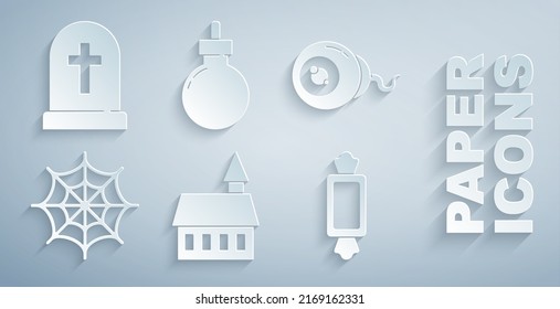 Coloca Castillo, Ojo, Spider web, Candy, Bomba lista para explotar y Tombstone con icono cruzado. Vector