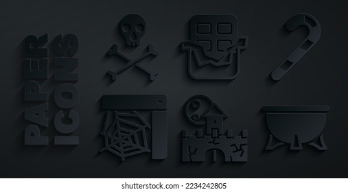 Set Castle, fortress, Christmas candy cane, Spider web, Halloween witch cauldron, Chocolate bar and Skull crossbones icon. Vector