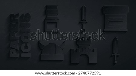Set Castle, fortress, Decree, parchment, scroll, Viking in horned helmet, Medieval sword,  and Poison bottle icon. Vector