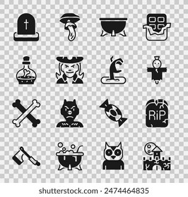 Set Castle, fortress, Tombstone with RIP written, Scarecrow, Halloween witch cauldron, Witch, Bottle potion,  and Zombie hand icon. Vector