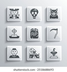 Set Castle, fortress, Witch, Scythe, Tombstone with RIP written, Priest, cross,  and Cat icon. Vector