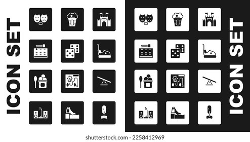 Set Castle, Game dice, Arcade game machine, Comedy and tragedy masks, Bumper car, Popcorn box, Seesaw and Ice cream bowl icon. Vector