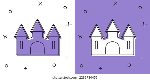 Set Castle icon isolated on white and purple background. Medieval fortress with a tower. Protection from enemies. Reliability and defense of the city.  Vector