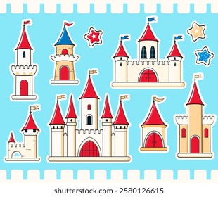 Set of castle icon stickers. Collection of cute eye-catching tag, label with cartoon medieval castles. Can be used for t-shirt print, sticker, greeting card. Vector illustration EPS8