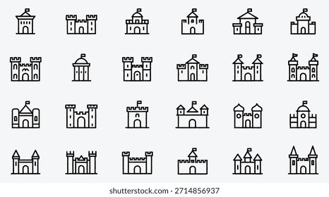 Set of castle icons in a simple line style art