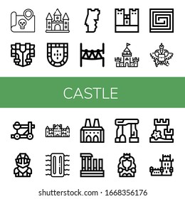 Set of castle icons. Such as Treasure map, Armour, Castle, Portugal, Rope park, Obidos castle, Portuguese, Coat of arms, Catapult, Knight, Palace, Inflatable, National palace of sintra , icons
