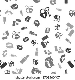 Set Castle and key in heart shape, Speech bubble with I love you, Diamond engagement ring and Lipstick on seamless pattern. Vector