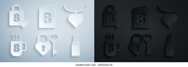 Set Castle and key in heart shape, Necklace with shaped pendant, Coffee cup 8 March, Lipstick, Greeting card and Shopping bag icon. Vector