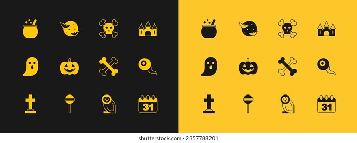 Set Castle, Lollipop, Crossed bones, Owl bird, Pumpkin, Skull crossbones, Halloween witch cauldron and Moon and stars icon. Vector