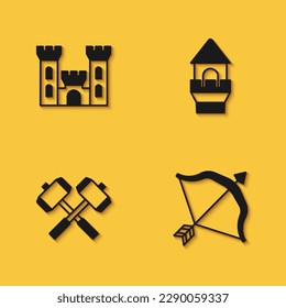 Burg, mittelalterliche Schleife und Pfeil, Gekreuzte Schlachtfelder und Turmsymbol mit langem Schatten. Vektorgrafik