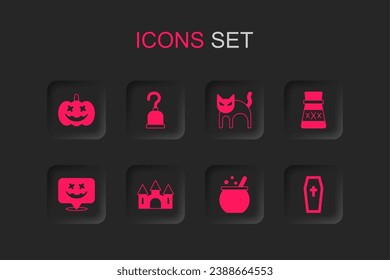 Set Castle, Pirate hook, Pumpkin, Halloween witch cauldron, Bottle with potion, Coffin christian cross, Black cat and Happy holiday icon. Vector