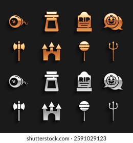 Set Castle, Pumpkin, Neptune Trident, Lollipop, Wooden axe, Tombstone with RIP written, Eye and Bottle potion icon. Vector