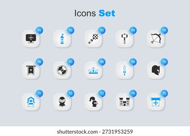 Conjunto Castillo, escudo redondo, torre, trono medieval, cruzada, casco e icono de la corona del rey. Vector