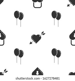 Set Castle in the shape of a heart, Amour symbol with heart and arrow and Balloons with ribbon on seamless pattern. Vector