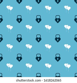 Set Castle in the shape of a heart and Balloons in form of heart with ribbon on seamless pattern. Vector