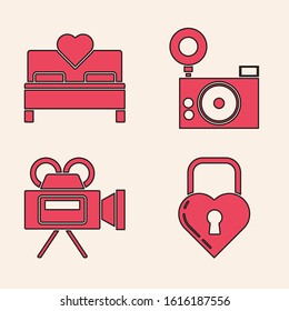 Set Castle in the shape of a heart, Bedroom, Photo camera and Cinema camera icon. Vector