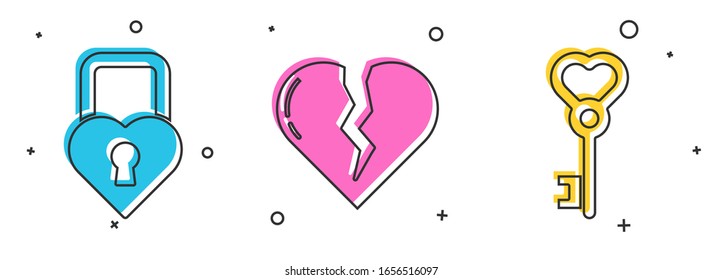 Set Castle in the shape of a heart, Broken heart or divorce and Key in heart shape icon. Vector