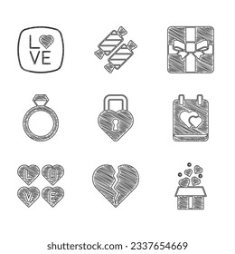 Colocar el Castillo en forma de corazón, Romper o divorciarse, Regalo con corazones, Calendario, Texto de amor, Anillos de boda e ícono. Vector