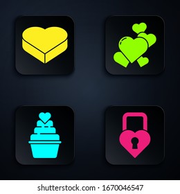 Set Castle in the shape of a heart, Candy in heart shaped box, Wedding cake with heart and Heart. Black square button. Vector