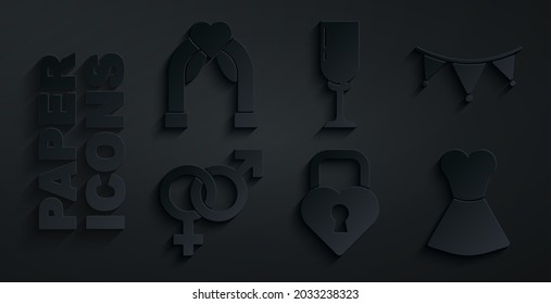 Set Castle in the shape of heart, Carnival garland with flags, Gender, Woman dress, Glass champagne and Wedding arch icon. Vector