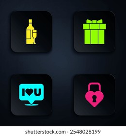 Conjunto Castillo en forma de corazón, botella de champán, burbuja de discurso con te amo y caja de regalo. Botón cuadrado negro. Vector