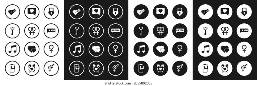 Set Castle in Form eines Herzens, weibliches Geschlechtssymbol, Key, Amour mit und Pfeil, Speech Blase Ich liebe dich, und Musik Note, Tonherzen Symbol. Vektorgrafik