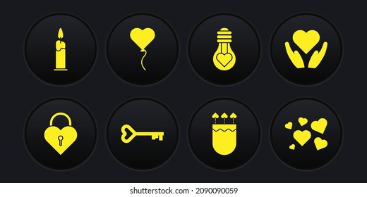 Schloss in Form von Herz, Herz Hand, Schlüssel, Quiver Pfeile mit, Glühbirne, Ballon-Form und Burning Kerze Symbol. Vektorgrafik