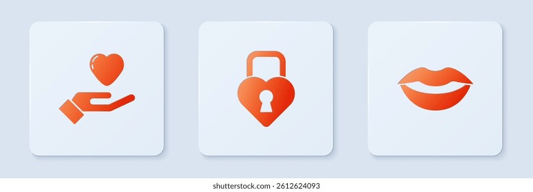 Set Castle in the shape of heart, Heart hand and Smiling lips. White square button. Vector