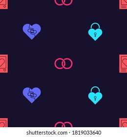 Set Castle in the shape of heart, Healed broken, Wedding rings and Photo frames and hearts on seamless pattern. Vector.