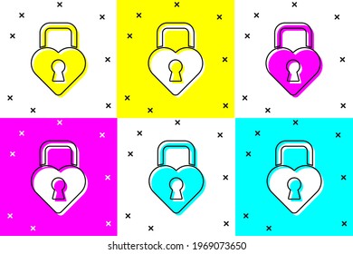 Set Castle in the shape of a heart icon isolated on color background. Locked Heart. Love symbol and keyhole sign.  Vector