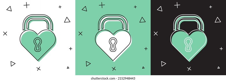 Set Castle in the shape of a heart icon isolated on white and green, black background. Locked Heart. Love symbol and keyhole sign. Happy Valentines day.  Vector
