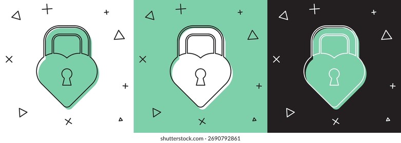 Conjunto Castillo en forma de un icono de corazón aislado en blanco y verde, fondo negro. Corazón Cerrado. Símbolo de amor y signo de ojo de cerradura.  Vector