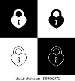 Set Castle in the shape of a heart icons isolated on black and white background. Locked Heart. Love symbol and keyhole sign. Vector Illustration