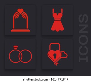 Set Castle in the shape of a heart and key, Wedding arch, Woman dress and Wedding rings icon. Vector