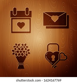 Set Castle in the shape of a heart and key, Calendar with heart, Bouquet of flowers and Envelope with Valentine heart on wooden background. Vector