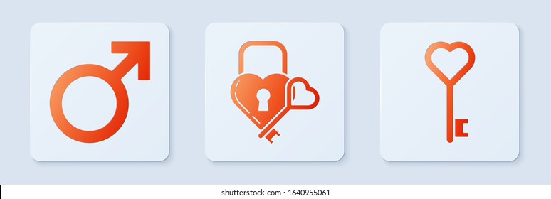 Set Castle in the shape of a heart and key, Male gender symbol and Key in heart shape. White square button. Vector