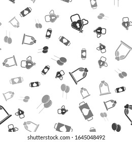 Set Castle in the shape of a heart and key, Two coffee cup and heart, Wedding arch and Balloons with ribbon on seamless pattern. Vector