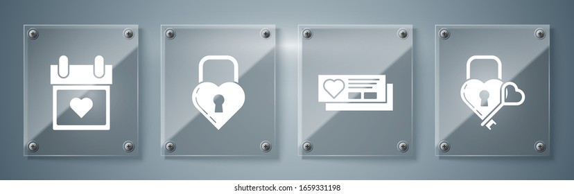 Colocar el Castillo en forma de corazón y clave, pasear con el corazón, el Castillo en forma de corazón y el Calendario con el corazón. Paneles de vidrio cuadrado. Vector