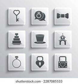 Set Castle in the shape of heart, Lock and, Church building, Cylinder hat, Diamond engagement ring, Wedding cake with, Key and Bow tie icon. Vector