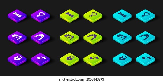Set Castle in the shape of heart, Music note, Photo camera, Wedding arch, Female gender symbol and Bow tie icon. Vector
