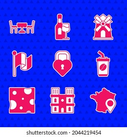 Set Castle in the shape of heart, Notre Dame de Paris, Map France, Coffee cup to go, Cheese, Flag, Windmill and French cafe icon. Vector