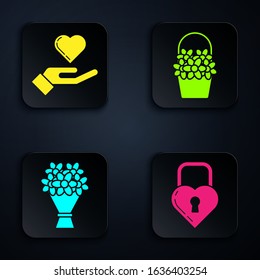Set Castle in the shape of a heart, Heart on hand, Bouquet of flowers and Flowers in a basket. Black square button. Vector