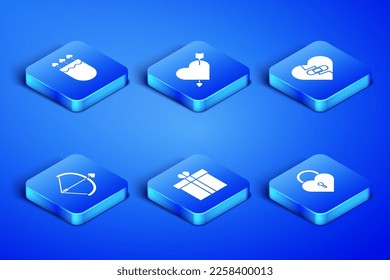 Set Castle in the shape of heart, Quiver and arrows with, Gift box, Bow, Amour and Healed broken icon. Vector
