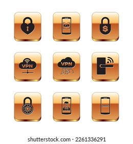 Set Castle in the shape of heart, Safe combination lock wheel, Mobile and face recognition, Cloud VPN interface, Network cloud connection and Money icon. Vector