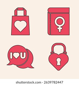 Set Castle in the shape of a heart, Shopping bag with heart, Book about women and Speech bubble with I love you icon. Vector
