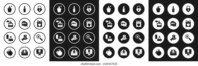 Set Castle in the shape of a heart, Speech bubble with I love you, Perfume, Gift box and, Lipstick, Search 8 March and Diamond engagement ring icon. Vector