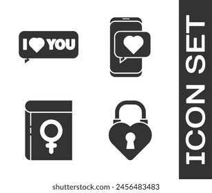 Set Castle in the shape of a heart, Speech bubble with I love you, Book about women and Online dating app and chat icon. Vector