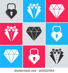 Set Castle in the shape of a heart, Suit and Diamond icon. Vector