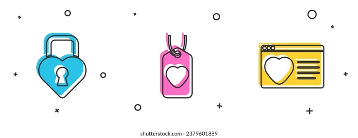 Set Castle in the shape of heart, Heart tag and Dating app online icon. Vector