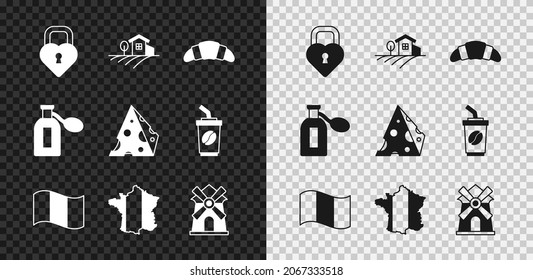 Set Castle in the shape of heart, Village landscape, Croissant, Flag France, Map, Windmill, Perfume and Cheese icon. Vector